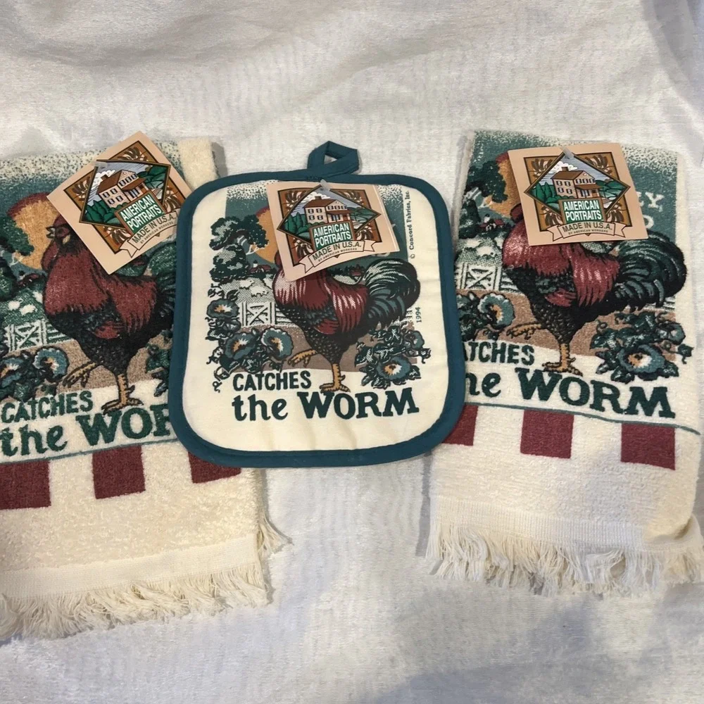 Vtg 1994 3pc Dish Towels & Pot Holder Rooster Franco Farmhouse Made In USA